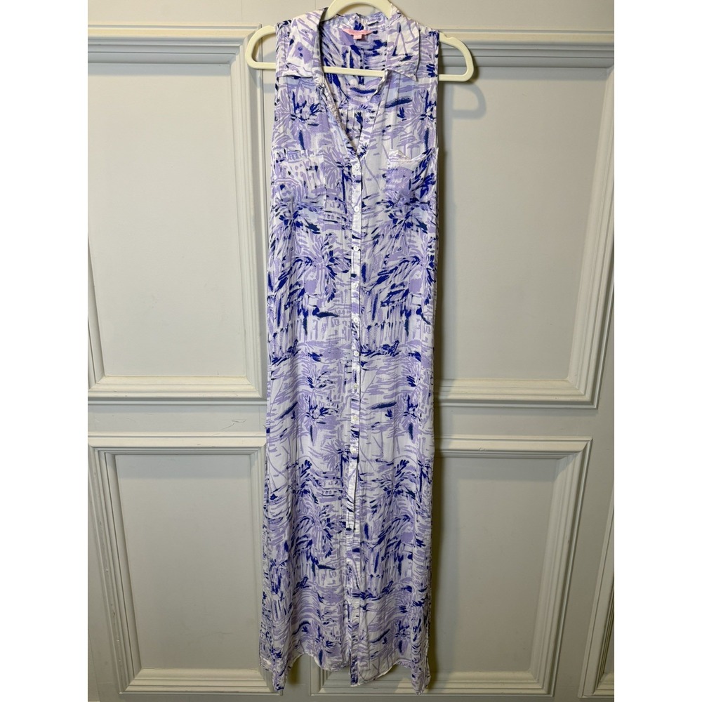 Lilly Pulitzer Ezra Beach Maxi Shirt Dress Lilac Verbena Rock the Dock Purple S